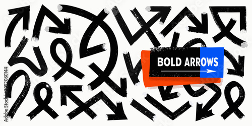 Foto Bold hand drawn brush stroke arrows black ink on white background abstract direc