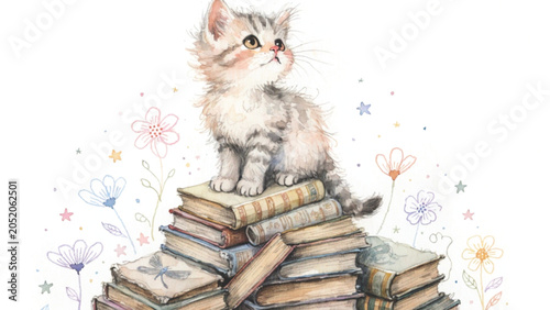 Charming fairytale illustration of a smiling gray tabby kitten sitting on stacked old books with cute heart vector background