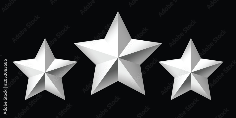 Obraz premium Three silver metallic stars rating rating set in 3D style. Clean geometric star icons representing review, feedback, quality and ranking. Isolated on black background, perfect for UI design, apps, web