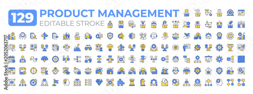 Product management colorful icons big set. Strategic business practice. Process from development to launch iconset color linear symbols. Vector isolated flat illustrations. Editable stroke