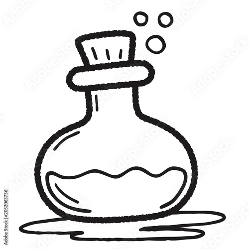 Hand drawn doodle of a magical potion bottle with bubbles.