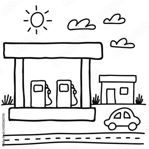 Simple line drawing of a gas station with a car.