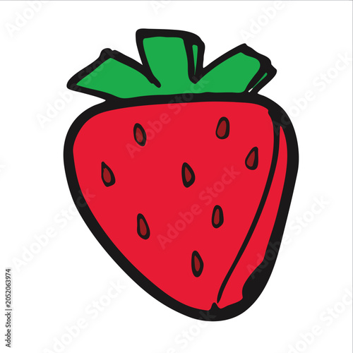 Hand drawn doodle of a single fresh strawberry with green leaves.