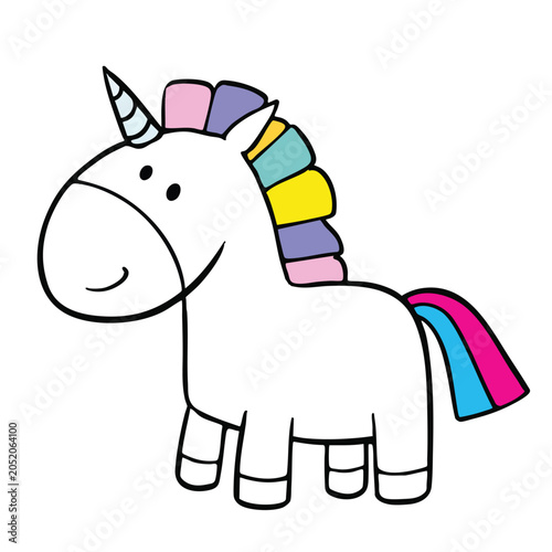 Cute cartoon unicorn illustration with rainbow mane and tail.