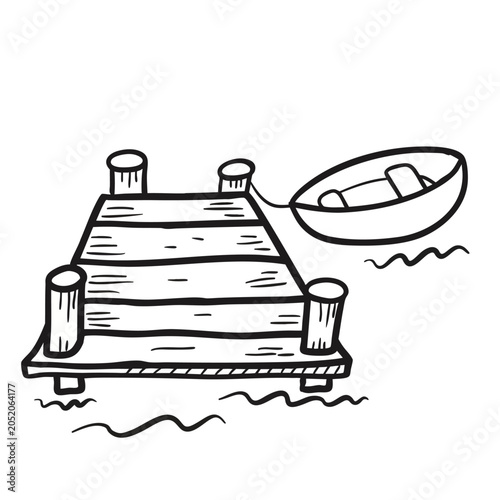 Hand drawn illustration of a wooden pier and a small boat on water.