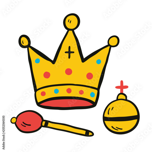 Doodle style illustration of a royal crown scepter and orb.