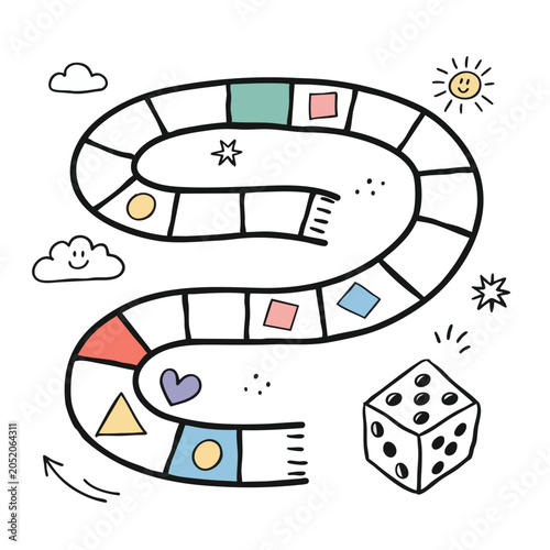 Hand drawn doodle board game path with dice.