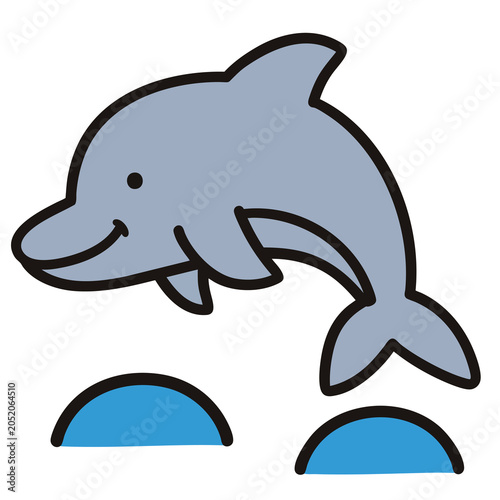Cute cartoon dolphin illustration jumping over ocean waves.