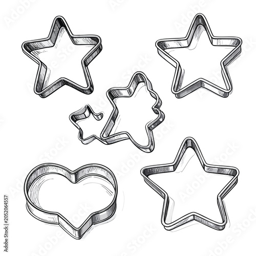 Set of various metal cookie cutters for baking.