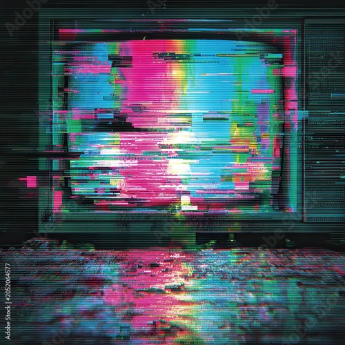 Abstract Glitch Art Distorted Television Screen with Vibrant Pink, Blue, and Green Lines