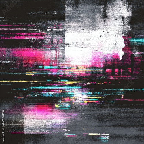Abstract Glitch Art with Pink and Cyan Streaks on Dark Background