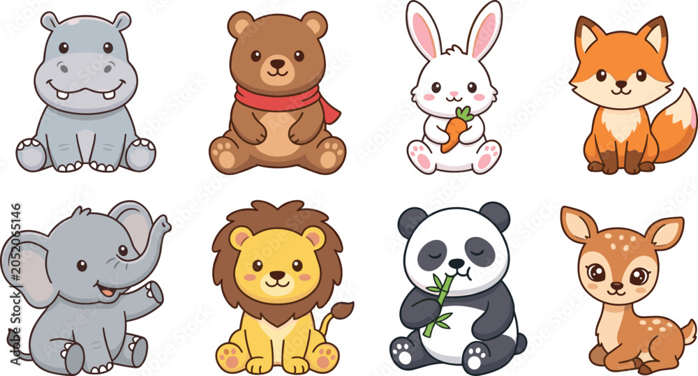 Obraz premium Cute woodland and zoo animal collection featuring hippo, bear, rabbit, fox, elephant, lion, panda and deer cartoon characters