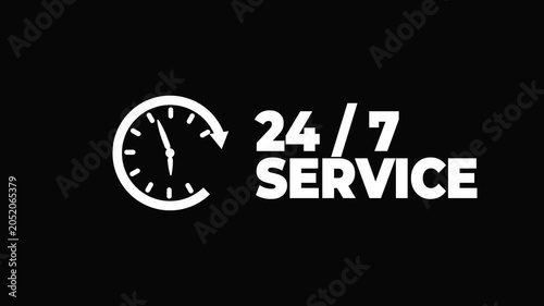 24 7 service clock animation on white background. 24 hours and 7 days service available. Continuous non stop service hours clock rotation motion graphic