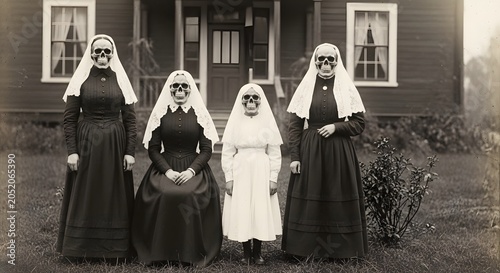 Vintage black and white photograph of a family wearing skull masks and traditional victorian clothing standing in front of an old house