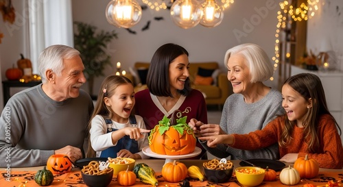 Family celebrating halloween with a pumpkin cake