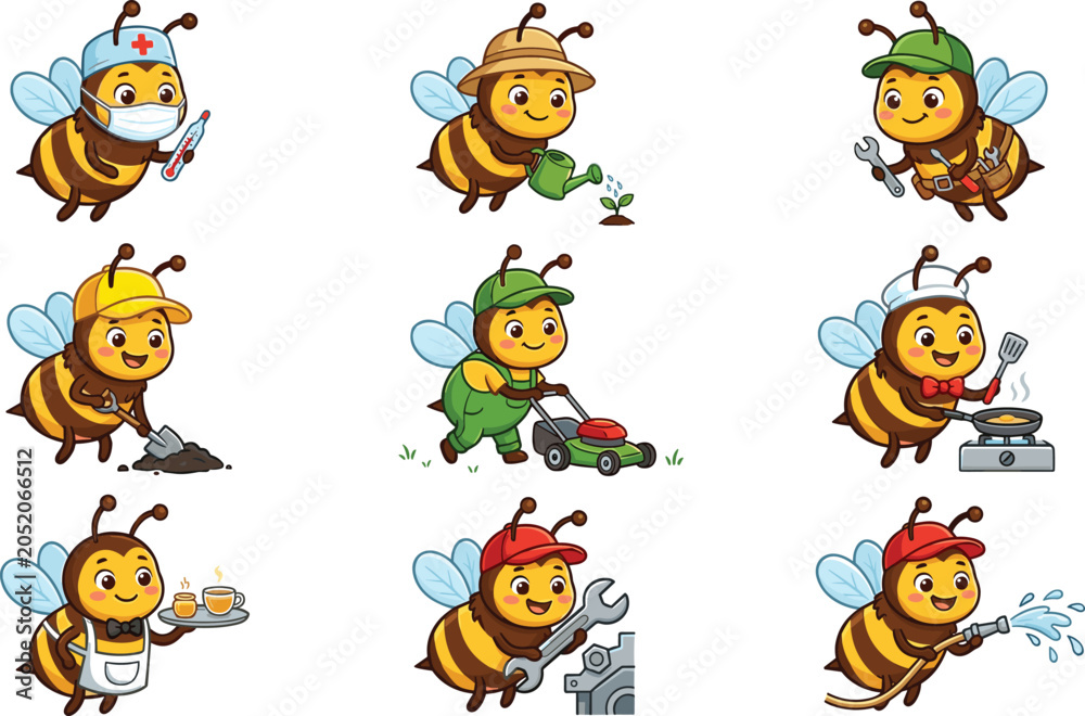 Fototapeta premium Vector illustration of cartoon bees in occupational outfits representing teamwork, industry, and playful decorative themes