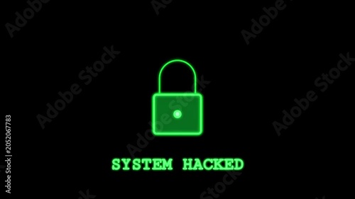 Green Glowing Padlock and System Hacked Text on Black Background, Cybersecurity Concept