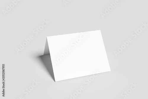 Bifold postcard mockup with blank white folded greeting card template, minimalist corporate invitation layout for branding presentation, realistic 3d render on light gray background