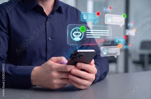 Tableau sur toile digital AI psychosis concept with chatbot notifications, smartphone mobile inter
