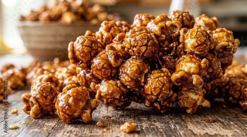Caramel popcorn clusters piled on rustic wooden table with glossy golden coating and sticky syrupy texture, close up food still life showing sweet snack indulgence