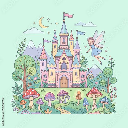 Bild auf Leinwand A whimsical pastel castle with a flying fairy in a magical forest