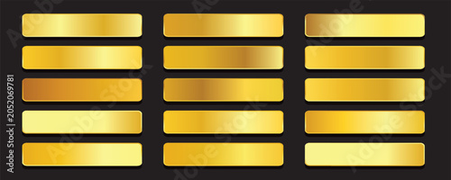 Gold gradient palette set with realistic metallic shiny bars isolated on black background. Golden foil texture swatches vector collection for luxury design, web buttons, and UI elements.