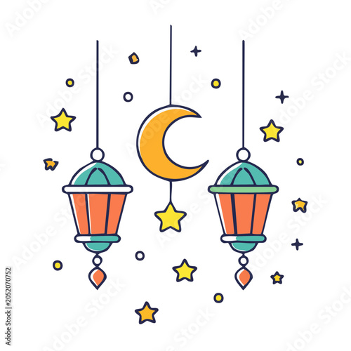 Ramadan lanterns and moon with stars, flat design