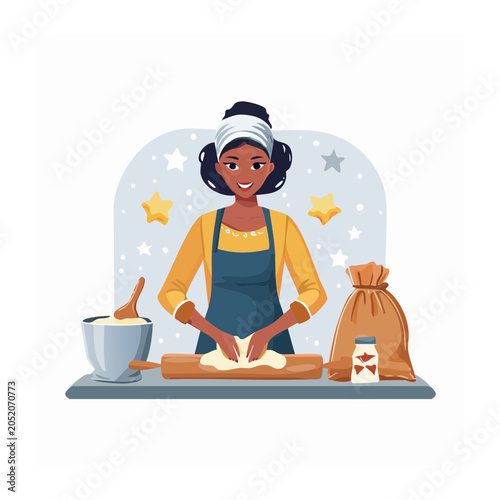 Woman baking dough with rolling pin and ingredients