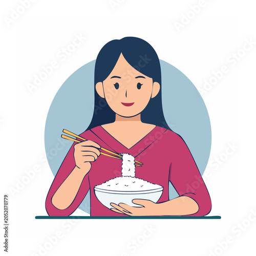 Woman eating rice with chopsticks in flat design style