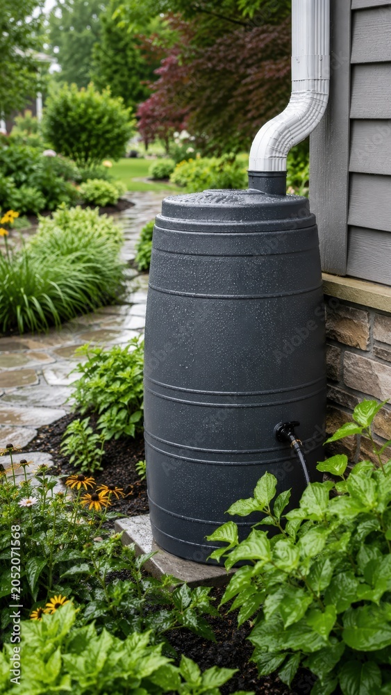 Fototapeta premium Récupérateur d’eau de pluie dans un jardin domestique luxuriant