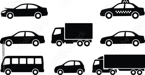 Transportation Vehicle Silhouette Icons Collection Featuring Cars Taxi Trucks Bus and Commercial Transport Symbols