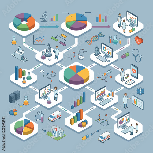 Isometric infographic of medical data and scientific research