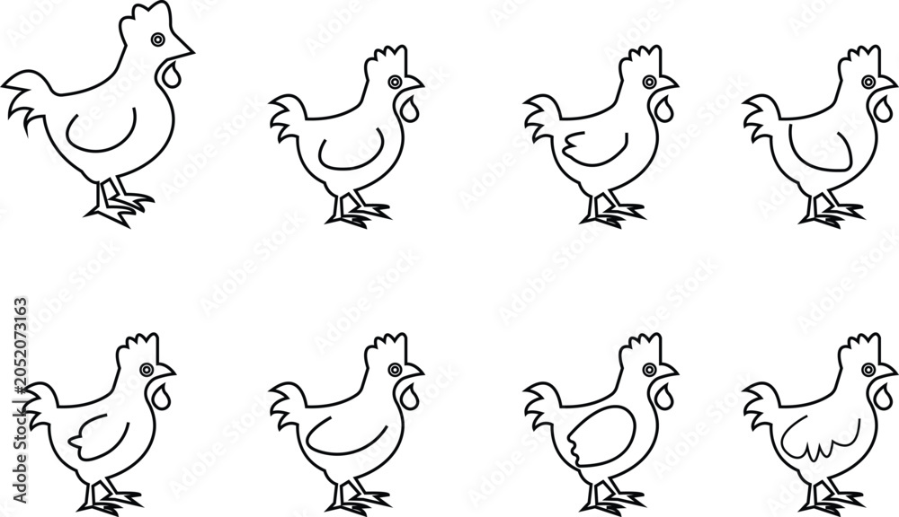 Fototapeta premium chicken icon set, Black silhouette of a chickens, same proportions four styles black solid glyph minimal flat vectors designs elements, cute hen symbols, , farm animal icons graphics templates,