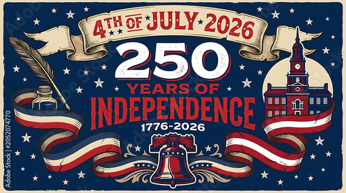 4th of july 2026, 250 years of independence 1776-2026, vintage style with liberty bell, independence hall, quill pen, and ink well