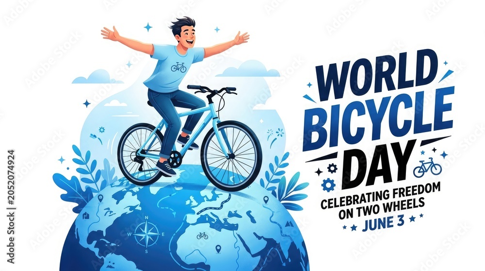 Naklejka premium World Bicycle Day Celebration Illustration with Young Man Riding Bike