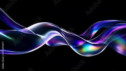 Abstract flowing liquid wave with iridescent colors on a black background.