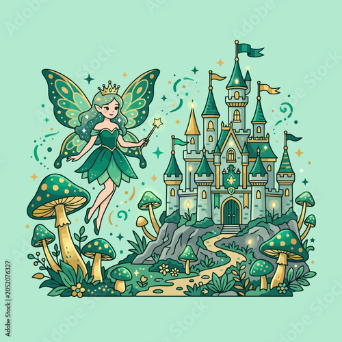 Εκτύπωση καμβά A cute fairy with wings flies near a magical green castle