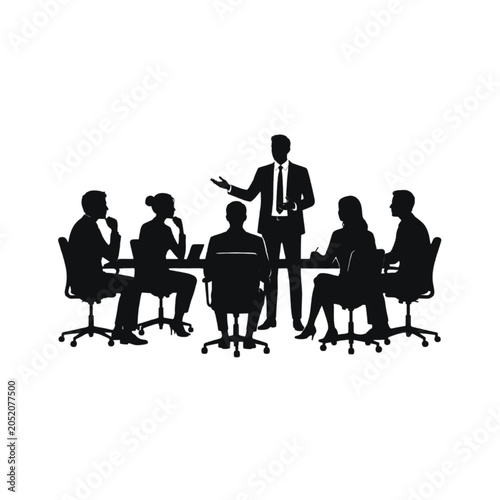Corporate team meeting around conference table silhouette illustration.