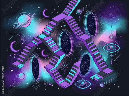 Konstfotografi Surreal Cosmic Illustration with Impossible Staircases, Mystical Portals, and Pl