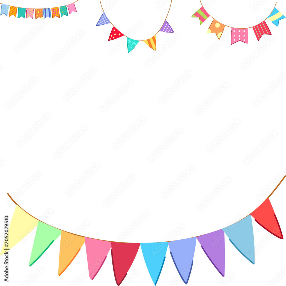 Obraz premium Colorful party bunting flags creating a festive atmosphere for events and celebrations, with bright patterns and diverse shapes adding decorative charm