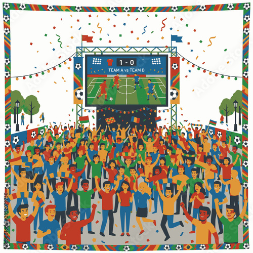 Excited crowd watching a soccer match on a large screen outdoors with confetti and flags celebrating the victory.