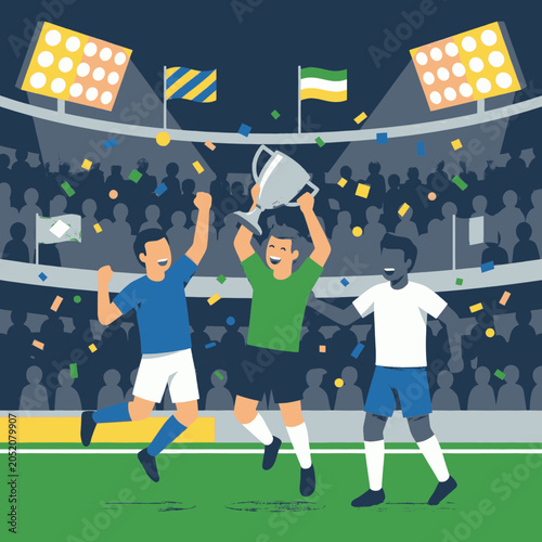 Foto Diverse group of soccer players celebrating victory with a trophy on a brightly lit stadium field with confetti falling