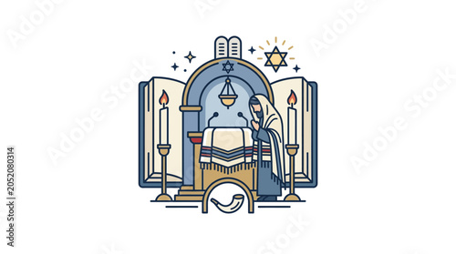 Cuadro en lienzo Jewish Ritual with Torah, Candles, and Star Symbol