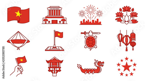 Quadro su tela Illustrative icons representing Vietnamese culture and symbols