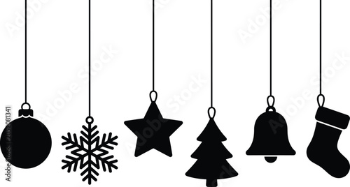 Slika na platnu Black christmas ornaments hanging on strings, including bauble, snowflake, star,
