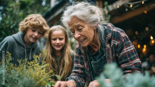 Elderly Woman and Grandchildren Gardening Outdoors in Natural Light