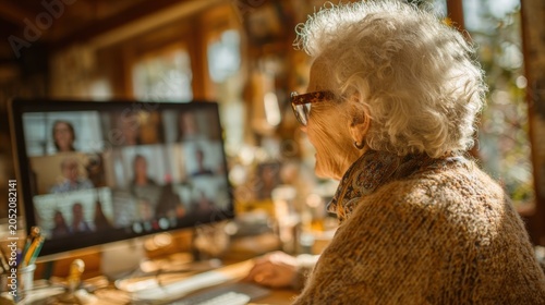 Elderly Woman Participating in a Video Conference on Desktop Computer