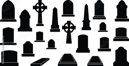 Obraz na plátně Black silhouettes of various tombstones and celtic crosses on white background,