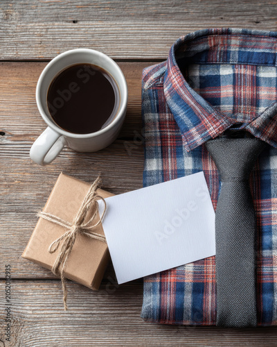 Plaid shirt grey tie coffee mug gift box blank card wooden table fathers day birthday present morning light rustic style masculine gift flat lay