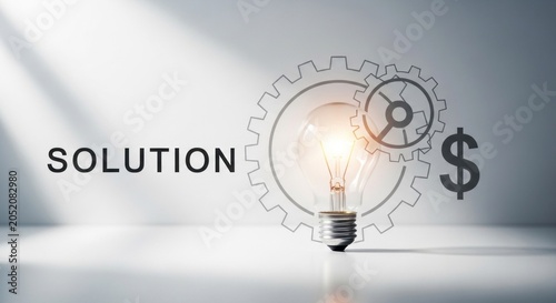 A light bulb with a gear and dollar sign symbol on it, placed on a white surface with a blurred background.